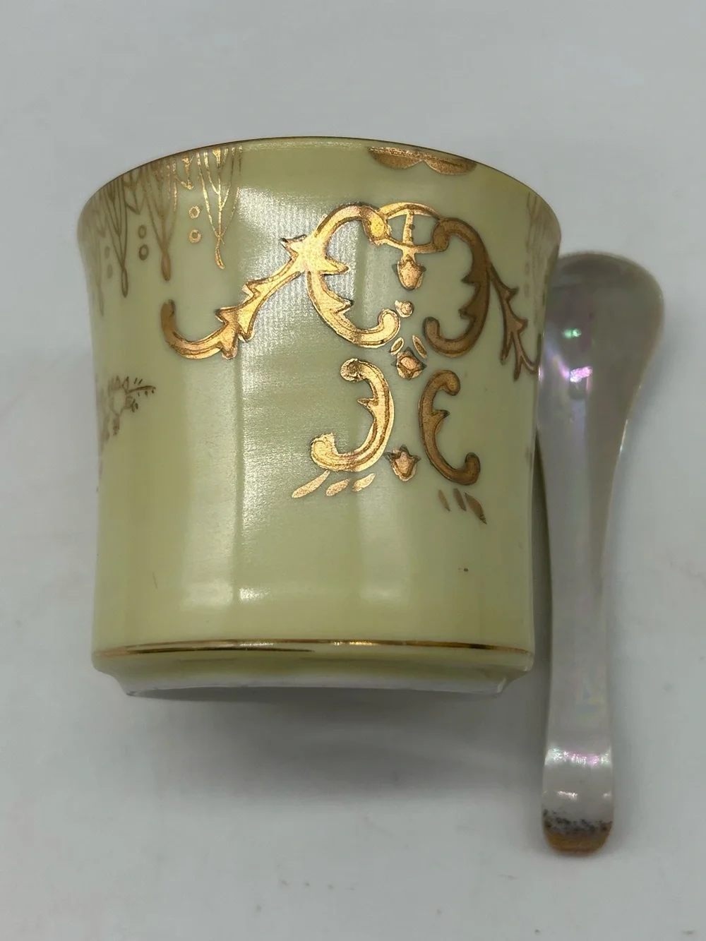 Vintage Ceramic Condiment Jar With Spoon Iridescent Pale Green